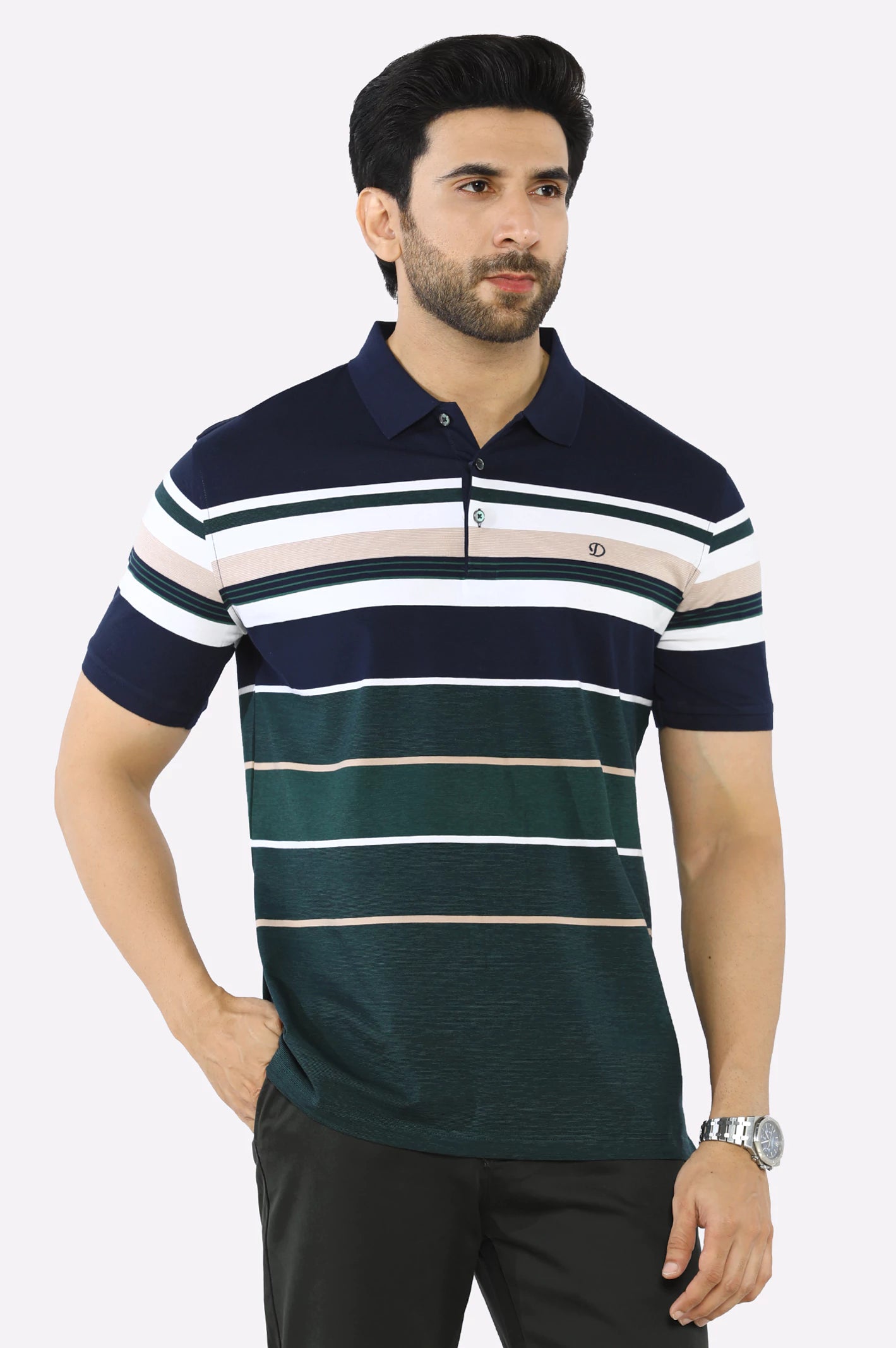 Men's Shirts with Adjustable CuffsNavy Blue Yarn Dyed Polo