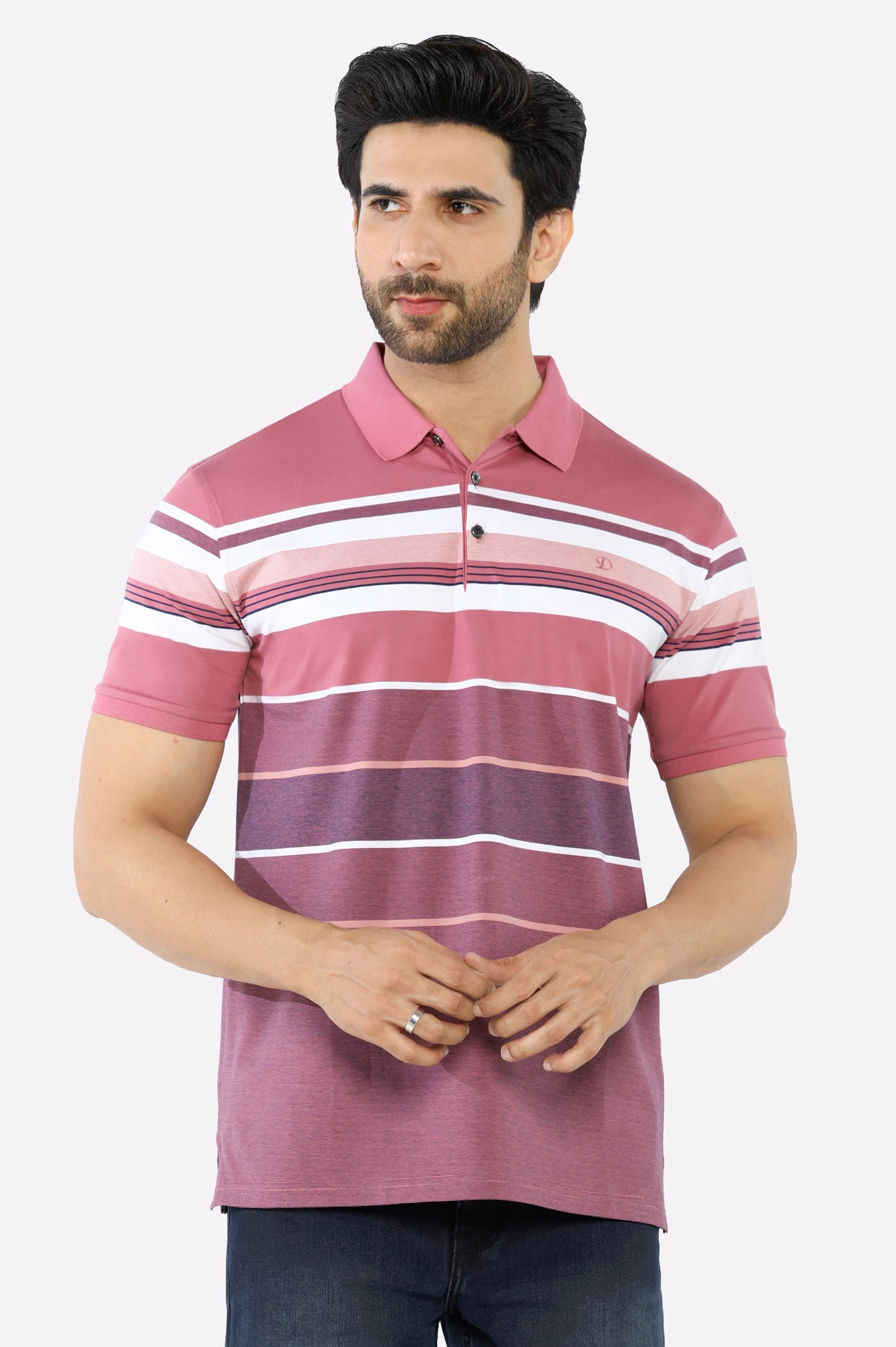 Men's Three-Quarter Sleeved TopsPink Yarn Dyed Polo