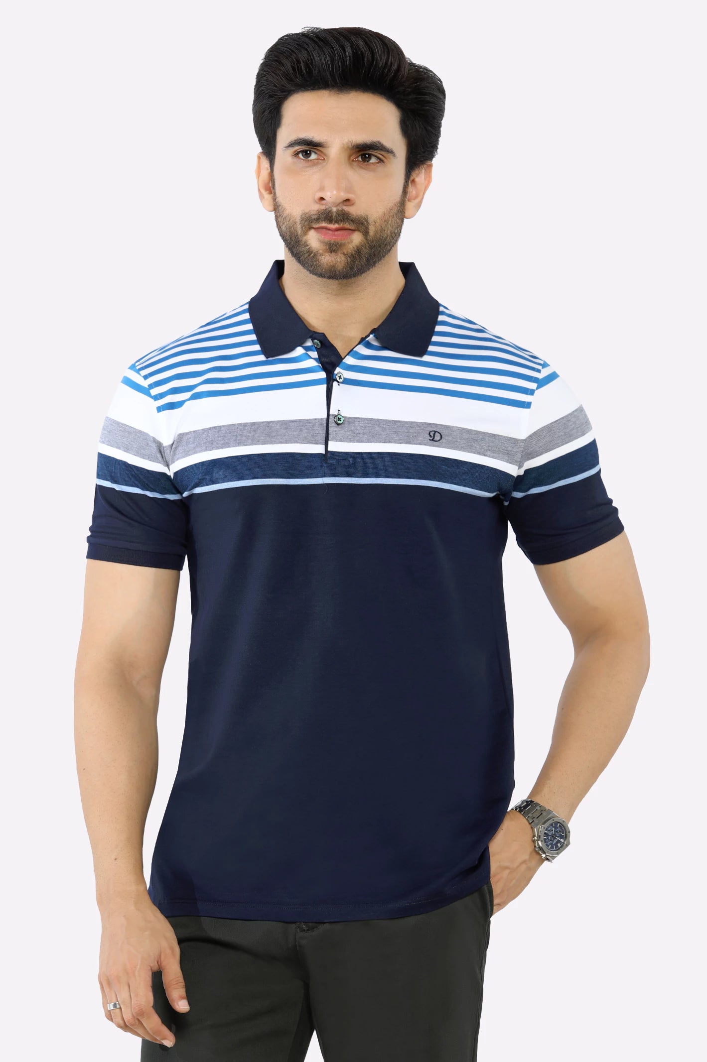 Elegant Men's Dress ShirtsBlue Yarn Dyed Polo