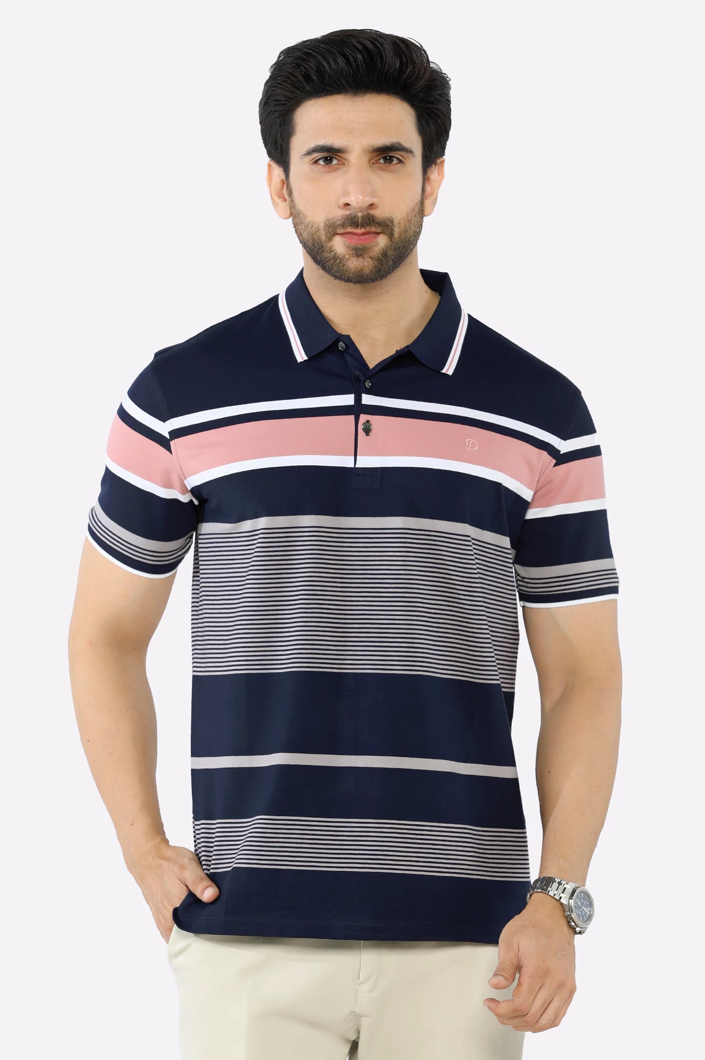 Men's Shirts with Belt LoopsNavy Blue Yarn Dyed Polo