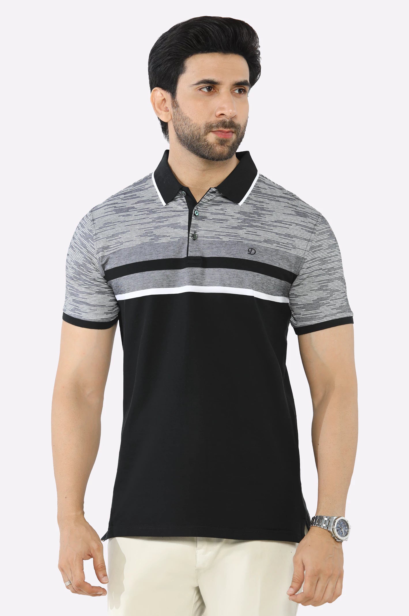 Men's Shirts with Lace-Up HemlinesBlack Yarn Dyed Polo