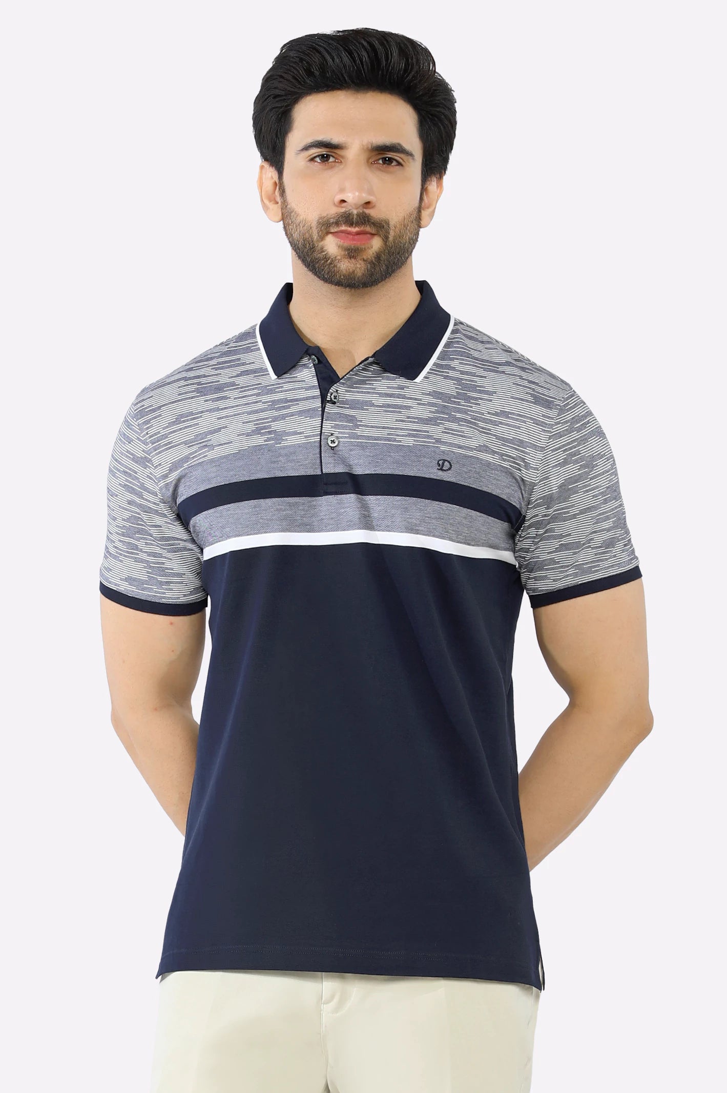 Men's Shirts with Surplice HemlinesNavy Blue Yarn Dyed Polo