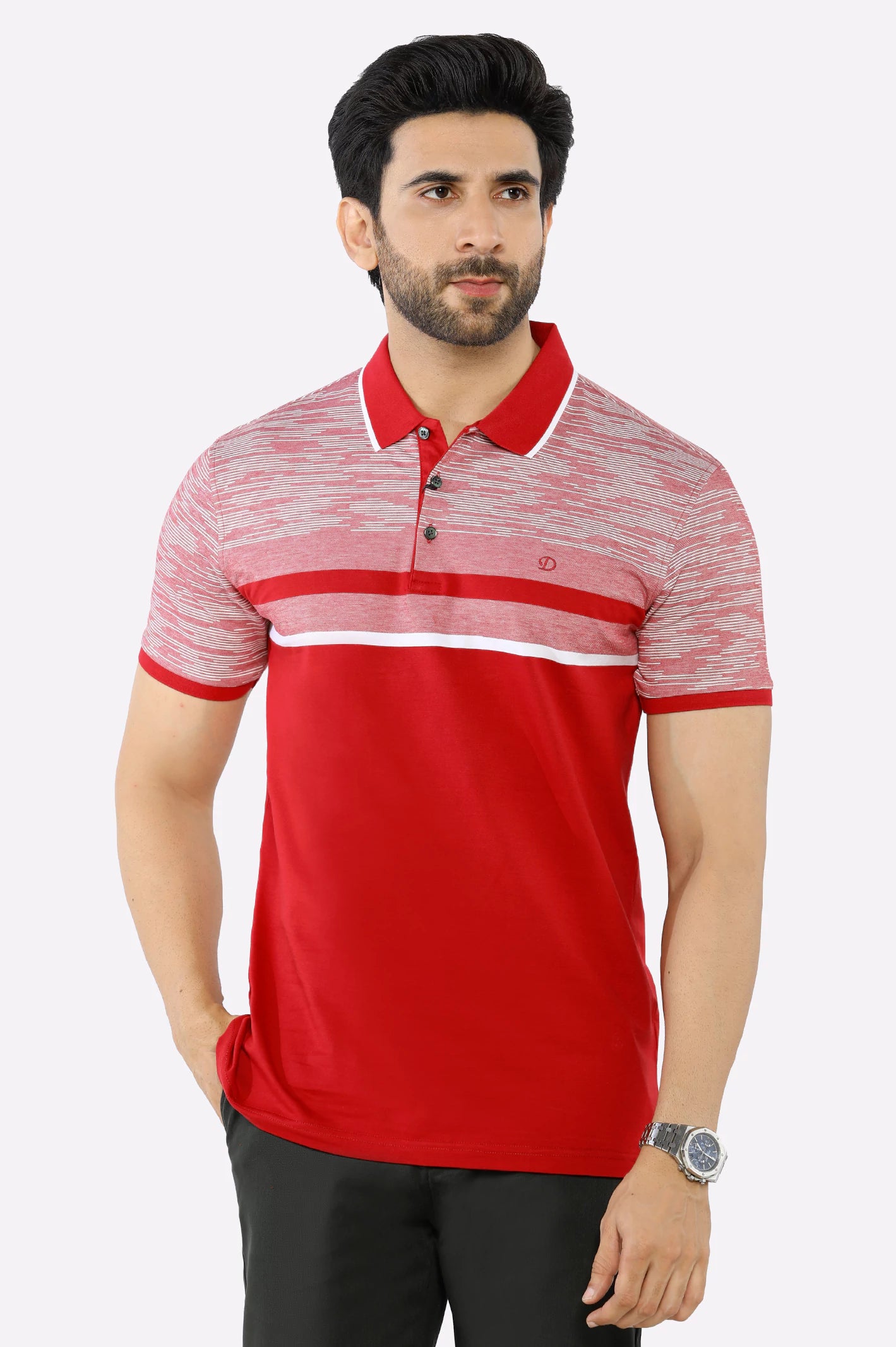 Men's Shirts with Asymmetrical HemlinesRed Yarn Dyed Polo