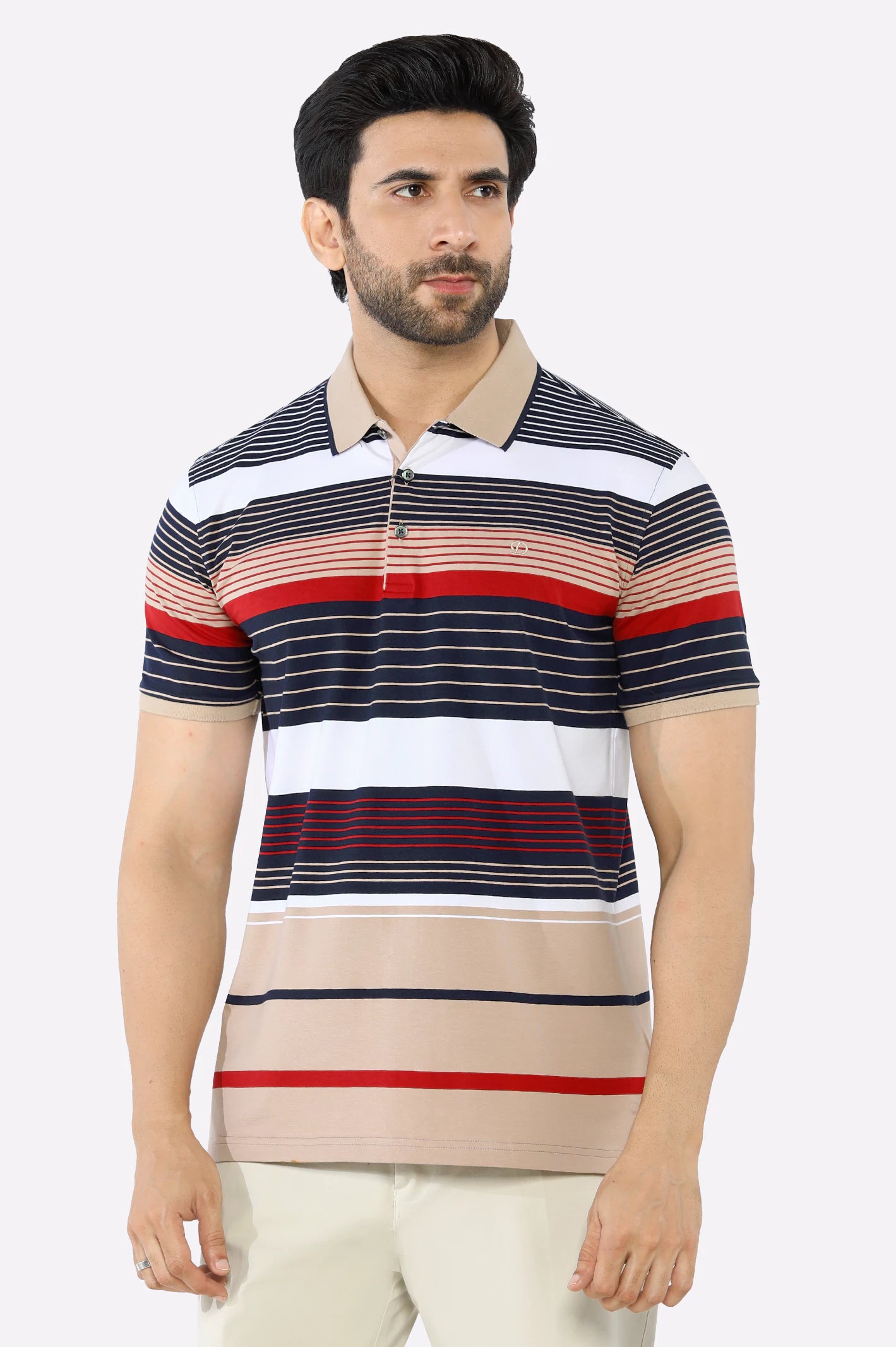 Men's Shirts with High NecksBeige Yarn Dyed Polo