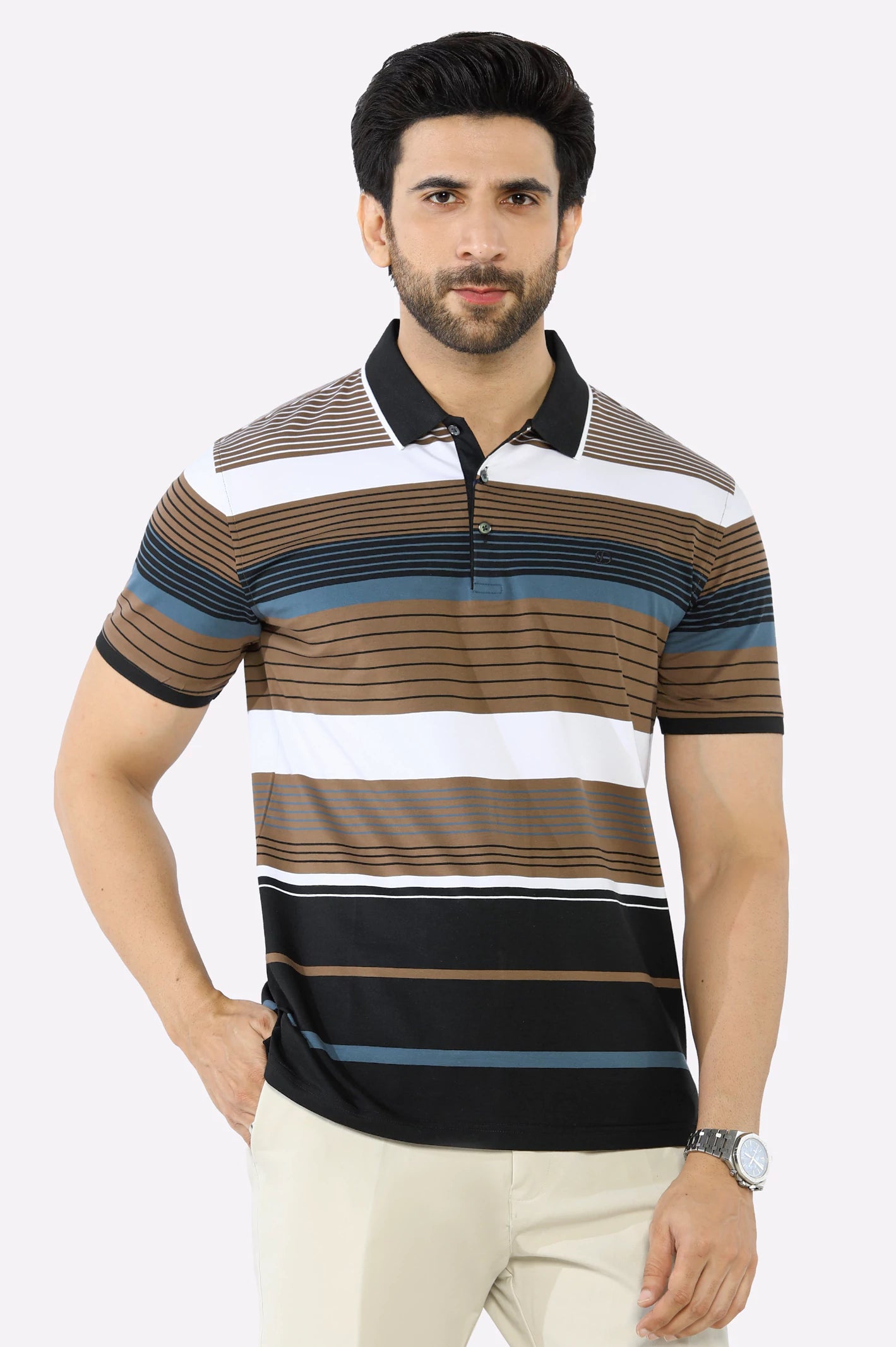 Men's Shirts with Mandarin CollarsBrown Yarn Dyed Polo