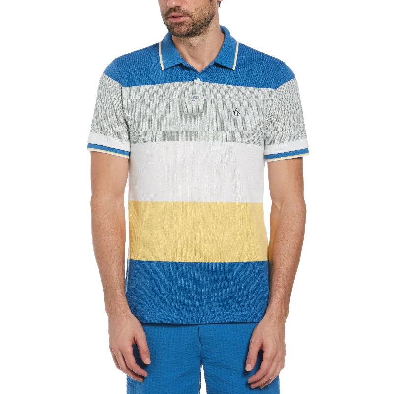 Men's Shirts with Hook-and-Loop ClosuresPique Color Block Stripe Pattern Polo