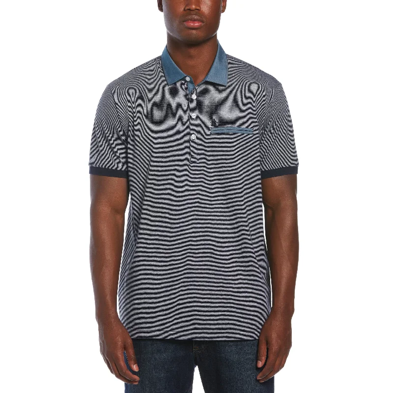 Men's Three-Quarter Sleeved TopsStripe Chambray Collar Polo