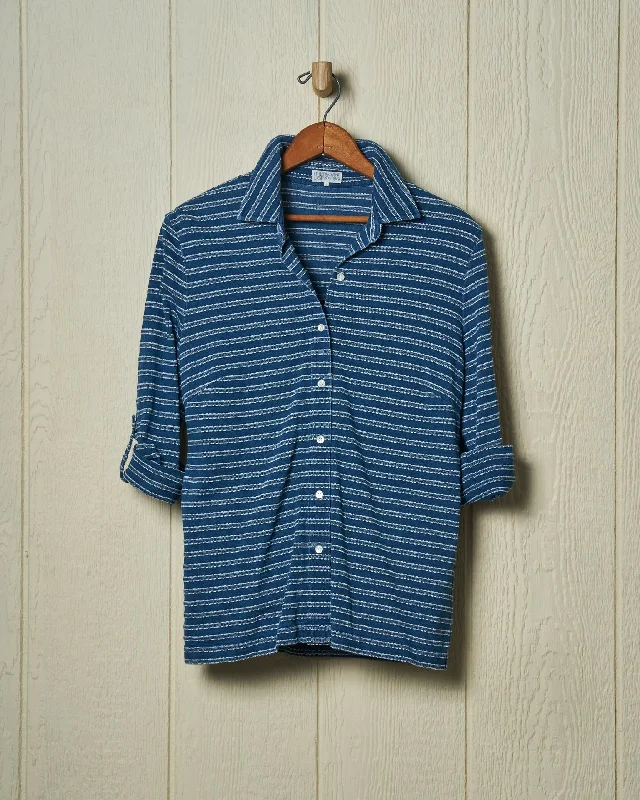 Men's Plaid Shirts for a Country CharmAvalon Indigo Knit Top in Mid-Wash Jacquard Stripe