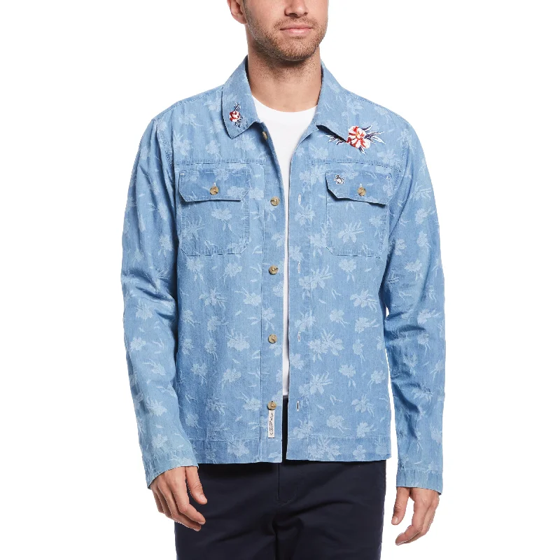 Men's Coats with Hidden PocketsEmbroidered Floral Print Denim Jacket