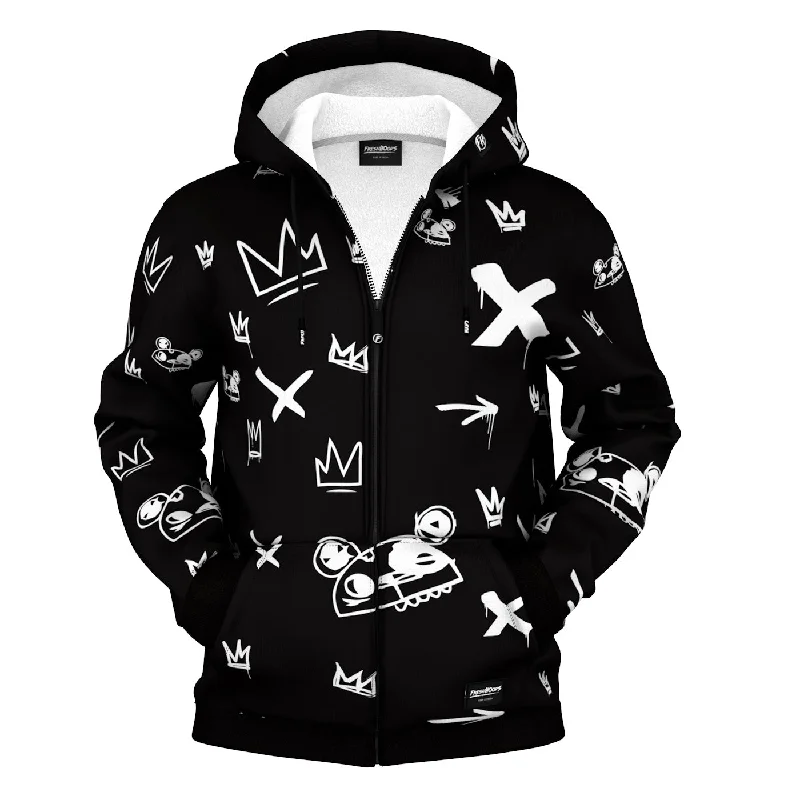 Men's Hoodies for Skinny MenKings Pattern Black Zip Up Hoodie