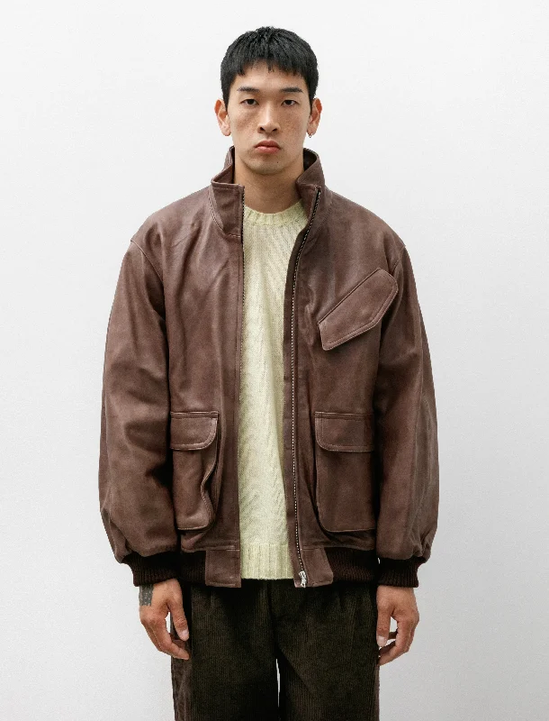 Men's Coats with Hidden PocketsHeavy Lamb Leather Zip Blouson Dark Brown