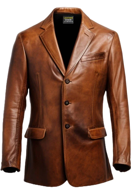 Men's Coats with Ripstop FabricMen 3 Button Vintage Brown Leather Blazer