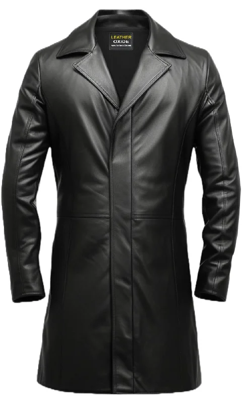 Durable Men's Car CoatsMen Black Long Leather Coat