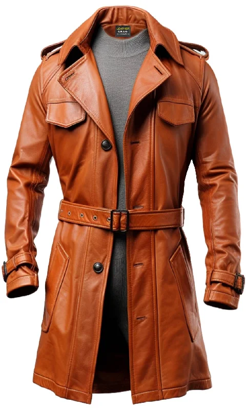 Casual Men's Bomber JacketsMen Long Leather Tan Color Coat