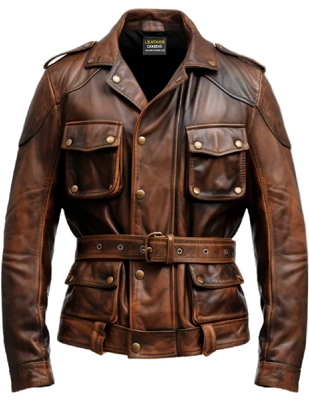 Men's Coats with Snap ButtonsMen Military Style Vintage Leather Jacket