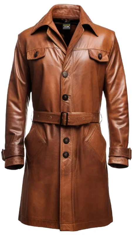 Men's Coats for HikingMen Vintage Brown Leather Coat- Long Leather Coat