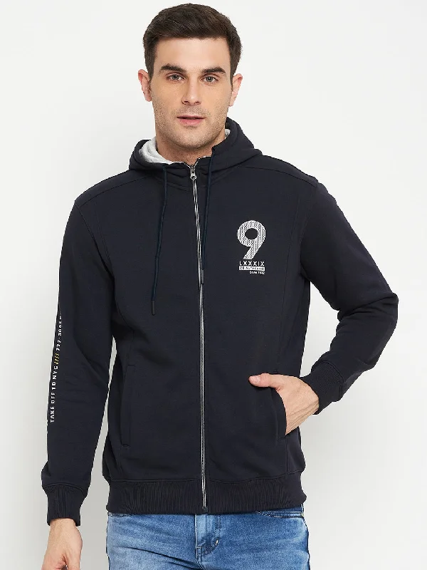 Durable Workout Men's SportswearTypography Printed Navy Blue Full Sleeves Hooded Neck Regular Fit Casual Sweatshirt for Men