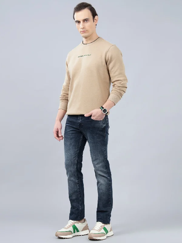 All-Season Comfortable Men's SportswearMen's Solid Beige Round Neck Sweatshirt