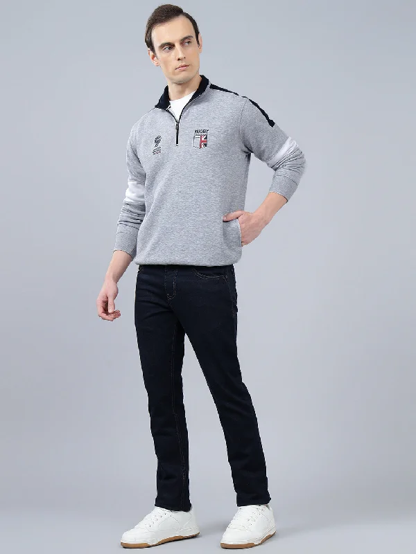 Athletic-Cut and Stretchable Men's SportswearMen's Solid Grey Melange Mock Collar Sweatshirt