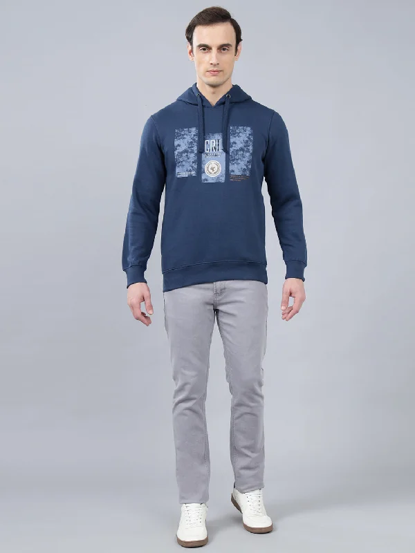 Comfortable Men's SportswearMen's Typography Printed Blue Hoody Neck Sweatshirt