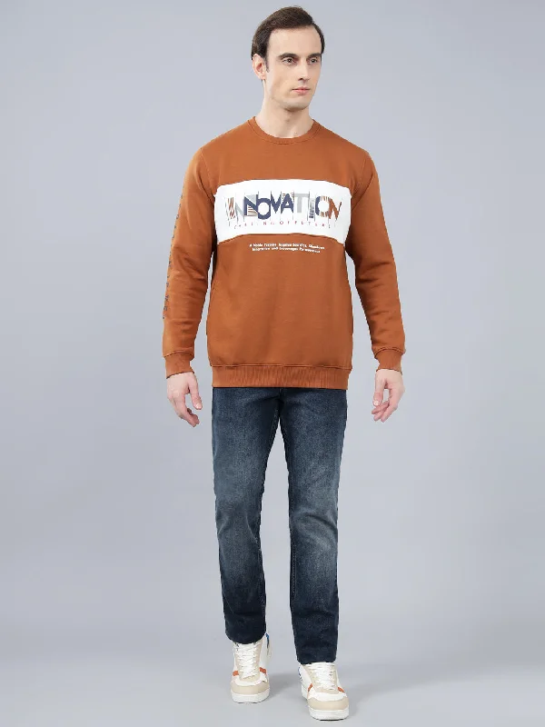 All-Season and Versatile Men's SportswearMen's Typography Printed Brown Round Neck Sweatshirt