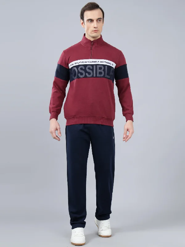 Casual Men's SportswearMen's Typography Printed Maroon High Neck Sweatshirt